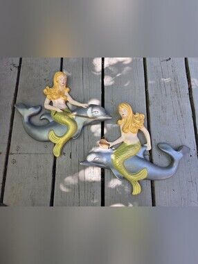 Mermaids Riding Dolphins Wall Art Pair - Coastal Décor